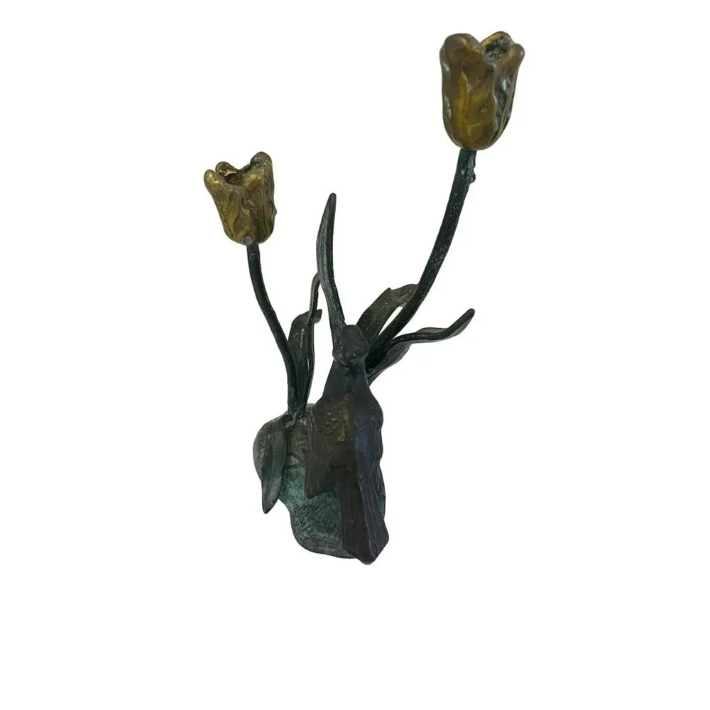 Vintage Wildwood Candlesticks Holder Tulip Bird Bronze 8.5